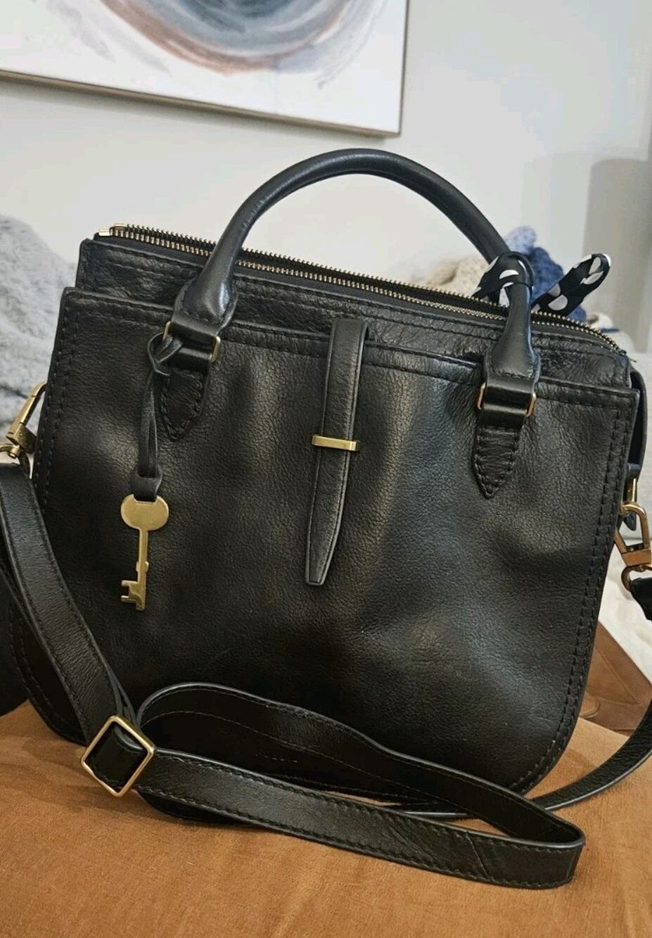 Fossil Ryder ZB7412 Black Leather Satchel Crossbody Bag Gold Key Charm